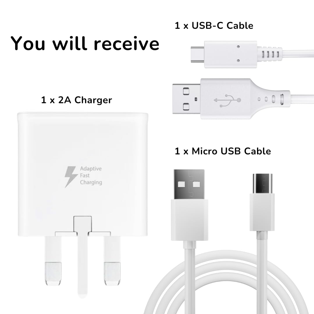 15W UK Charger Plug with Micro USB Cable and Type C Cable for Kindle Fire HD 7 8 10/8 Plus(2015 2016 2017 2018 2019 2020 2022),HD 10 Kids Edition Tablet,Paperwhite,Oasis,Fast Quick Charge Adapter