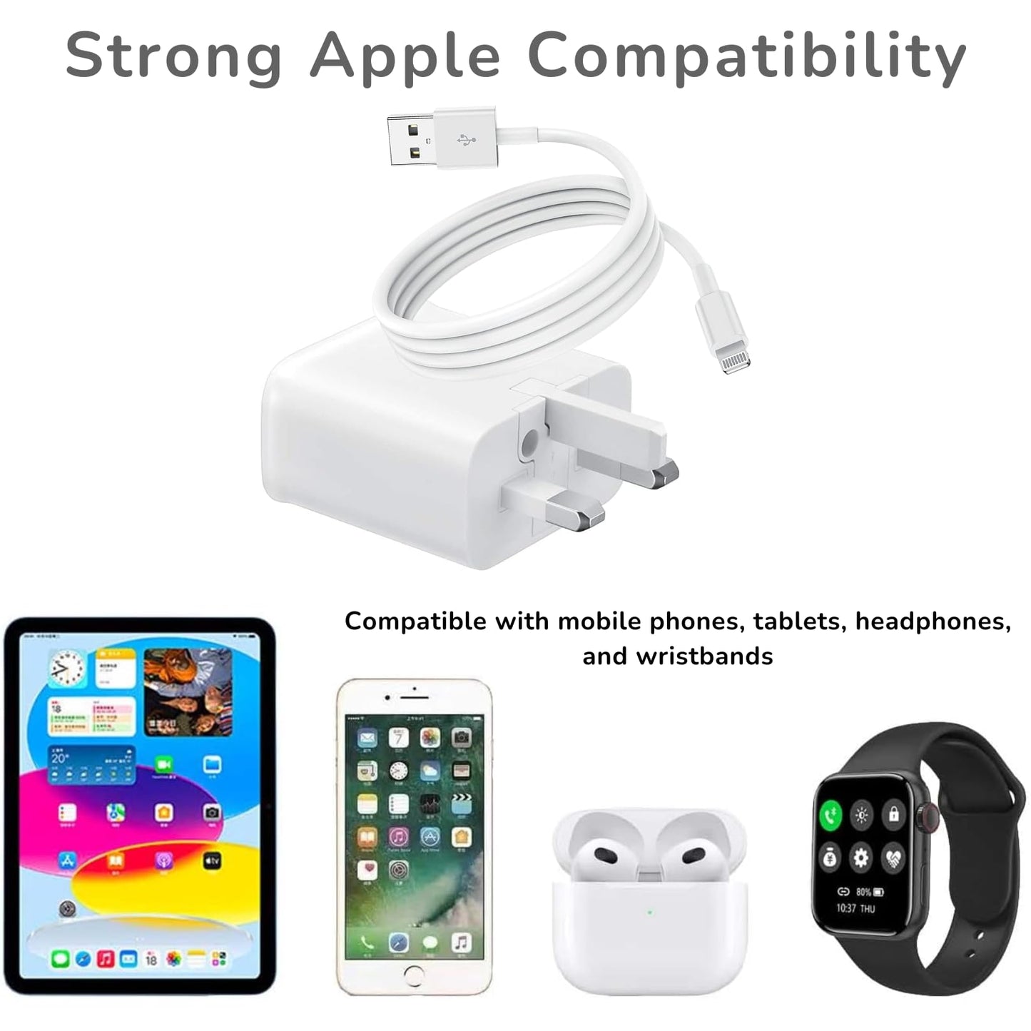 15W Charger Plug and Cable Compatible with iPad air 3/2/1, iPad mini 4/2/5/3,iPad Pro 9.7"/10.5", iPhone XR XS 8 11